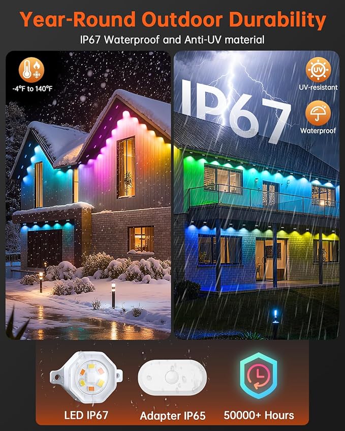 YAYZA! Permanent Outdoor Lights Pro100ft 72 LED Smart RGB+IC+Warm/Cool White Christmas Eave Lights 135lm Music Sync &amp DIY Scenes IP67 Waterproof for Outside Decor Works with AlexaGoogle Remo