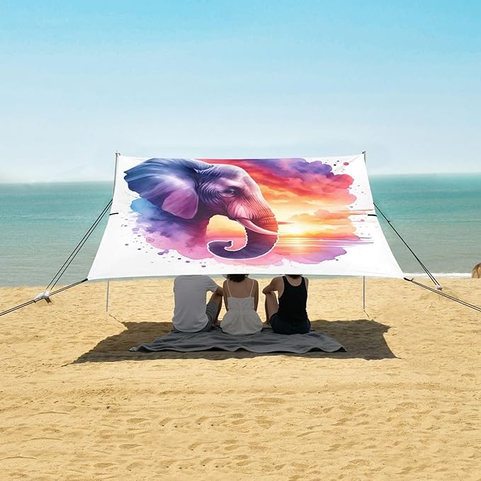 ALAZA Elephant Portrait Sunset Watercolor Beach Tent Sun Shelter UPF50+ Protection Beach Shade Canopy w/ 4 Sandbags for Outdoor Camping Fishing Backyard Fun Picnic 10x9 ft