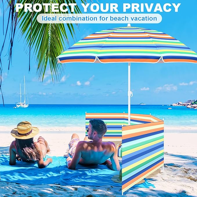 Sliner 20ft Beach Windscreen Kit with Adjustable Beach Umbrella Outdoor and Sand Anchor Wind Blocker for Sand Portable Windscreen Sunbathing Privacy Screen with Bag and Hammer Rainbow Stripe