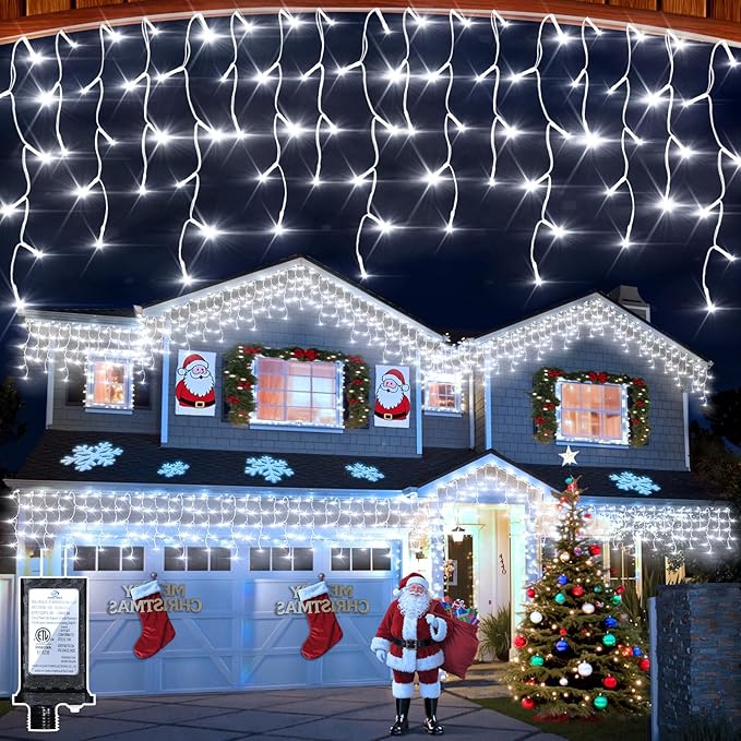 1296 LED Outdoor Christmas Lights with 288 Drops 131FT ChristmasLights with 8 Modes Timer Christmas Twinkly Lights IP44 Waterproof for Eaves Yard Room Holiday Wedding Party Decor(Cool White)