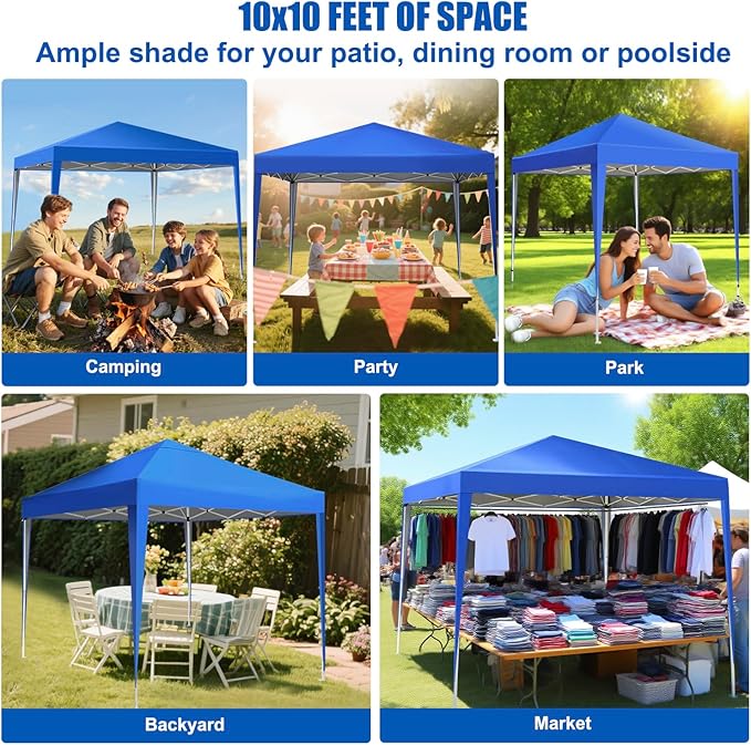 Yesker 10x10 Pop Up Canopy Tent UPF 50+ Waterproof Outdoor Canopy Portable Folding Easy Setup Gazebo Adjustable Height Instant Sun Shade Tent with Wheeled Bag for Events Parties Camping Patio Blue