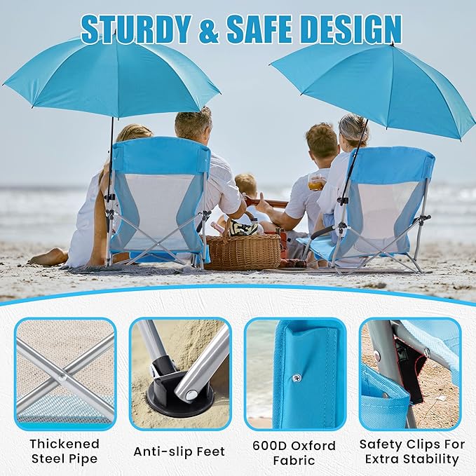 Lamberia Folding Beach Chair with Umbrella for Adults Portable Low Beach Chairs with 300lbs Capacity Lightweight Fodable Camping Chair for Travel Picnic Concert &amp Outdoor Activities Blue
