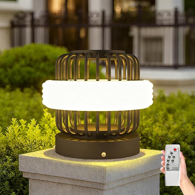 Solar Post Lights with Remote Control Modern Pillar Light Dusk to Dawn IP54 Waterproof Solar Post Cap Lights with 3200K LED Outdoor Light Fixture for Garden Deck Patio Outside Lighting (Stripe )