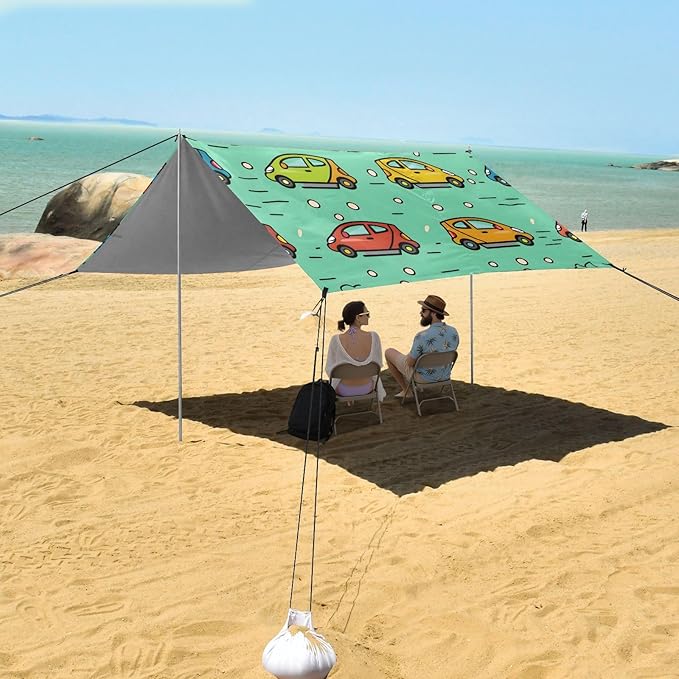 Cartoon Cute Cars Camping Sun Shelter Beach Tent Portable Beach Sun Shade Outdoor Canopy for Camping Trips Fishing Picnic