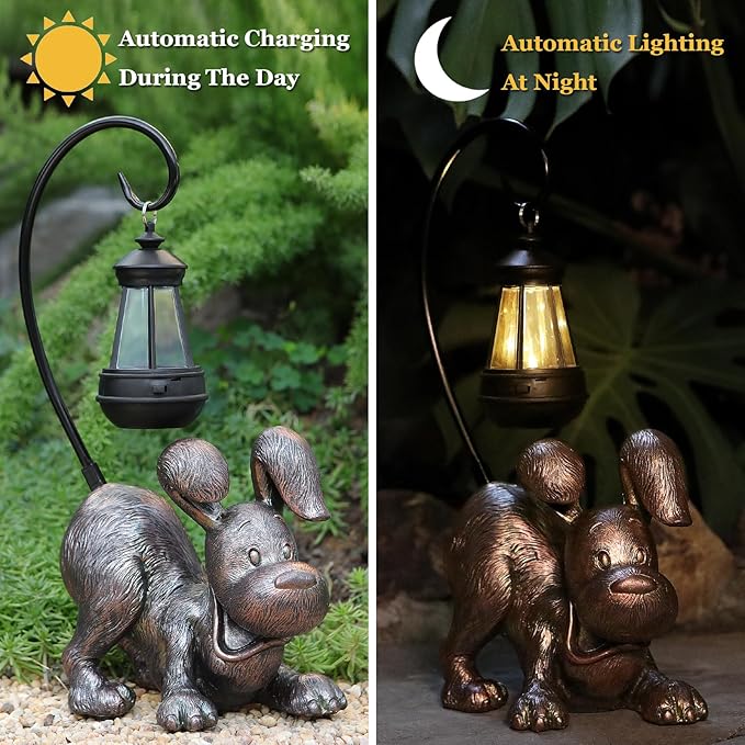 Laughing Dog Figurine with Solar-Powered LED Light 15.9 Inch Tall Antique Bronze Perfect for Gift Garden Decor or Housewarming for Dog Lovers