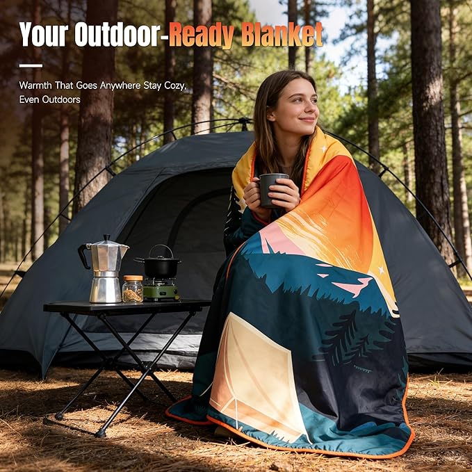 Tirrinia Waterproof Outdoor Blanket Warm Windproof Stadium Blankets with Sherpa Lining Foldable Camping Blanket Emergency Blanket with Mountain Landscape Design for Car Beach Picnic Hiking