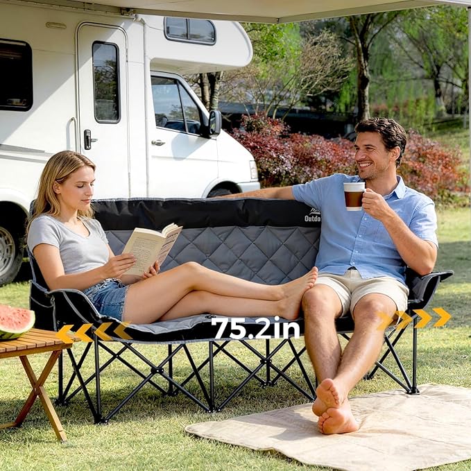 3 Person Camping Chair Oversized Padded Loveseat Camping Chairs Heavy Duty Folding Outdoor Couch with Cup Holder &amp Phone Side Pocket Extra Wide Outdoor Loveseat for Camping Tailgating Lawn Black
