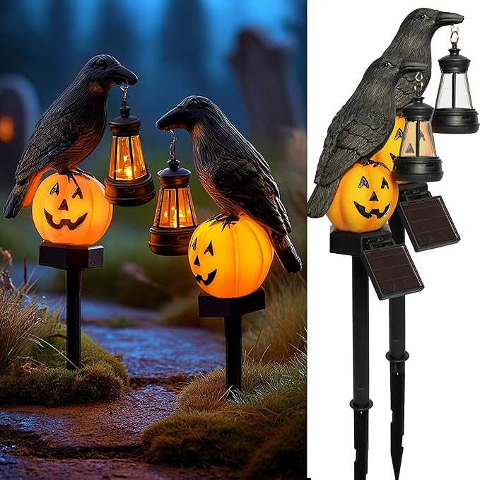 Dazzle Bright 2 Pack Halloween Crow Pathway Lights Outdoor Solar Powered Resin Crow with Pumpkin Walkway Lights Stake Light for Halloween Pathway Garden Lawn Yard Gifts Decoration
