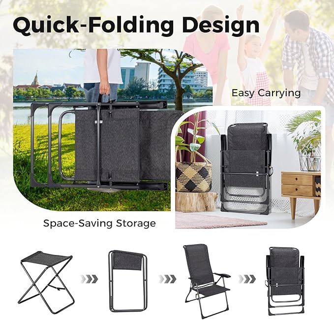 GYMAX Folding Camping Chair Patio Recline Chair with Ottomans with 7-Level Adjustable Backrest &amp Back Pocket Foldable Portable Lounge Chair with Stools for Backyard Outdoor/Indoor (2 Grey)