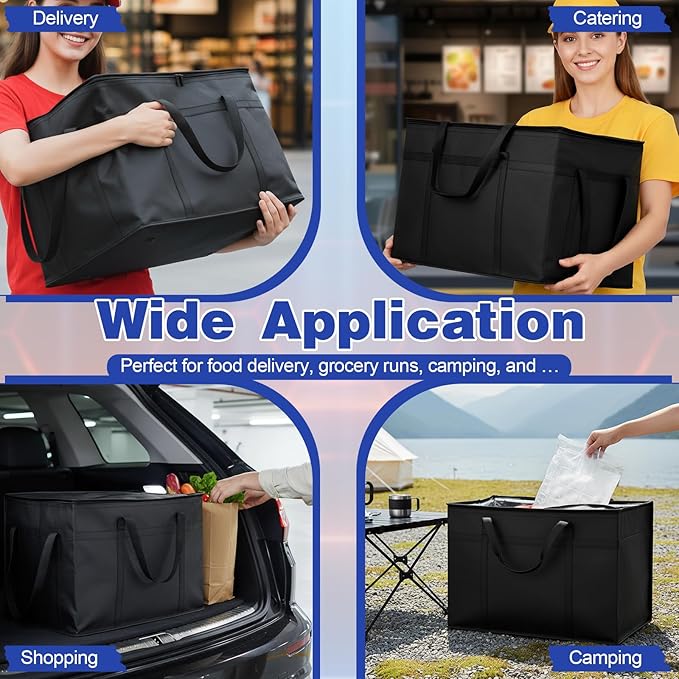 3 Pack Large Insulated Food Delivery Bag with hard bottom XXXL Large Reusable Thermal Cooler Grocery Tote Bag Thermal Cold/Hot Styrofoam Carrier for Shopping/Travel Black
