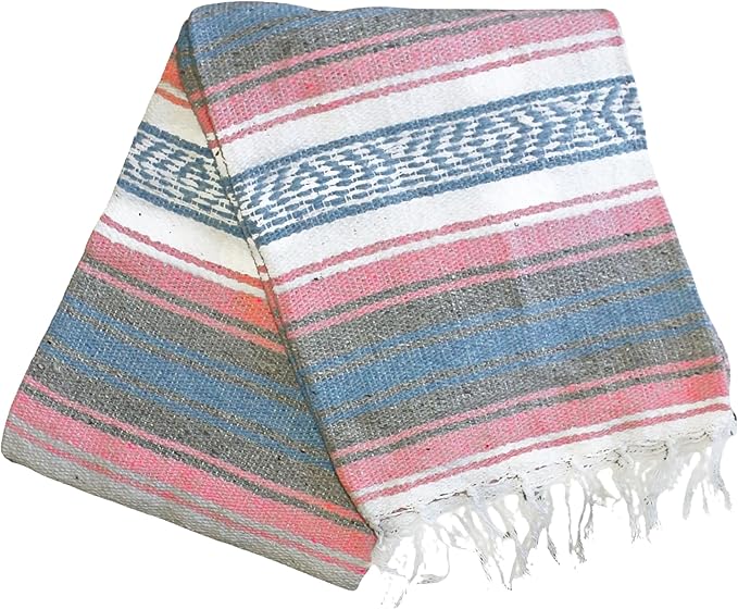 Del Mex Classic Mexican Blanket Large Authentic Woven Falsa Throw (70x50) Artisan Southwest Décor for Beach Yoga Outdoors (Light Pink/Blue)