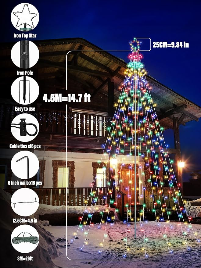 Flacchi Christmas Outdoor Star String Lights - Pole Set with Remote Multiple Lighting Modes Timer and Waterproof Feature (Cool White&ampMulticolor 16FT/664LED)