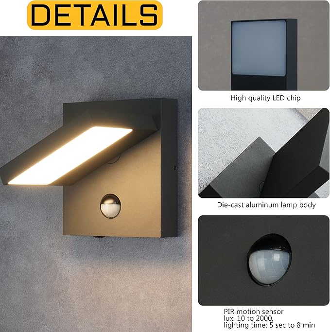 Lustrlach Motion Sensor Outdoor Wall Light Fixture LED Exterior Wall Mount Porch Light with Adjustable Lamp Head for HousePatioGarden3000K Dark Grey