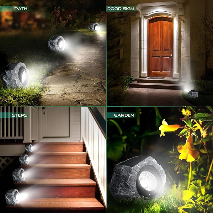 2 Pack Solar Rock Lights Outdoor Angle Adjustable Solar Lights Outdoor Waterproof LED Solar Garden Lights Auto On/Off Landscape Lighting for Yard Pathway Patio Flower Bed - White Glow (Stone Gray)