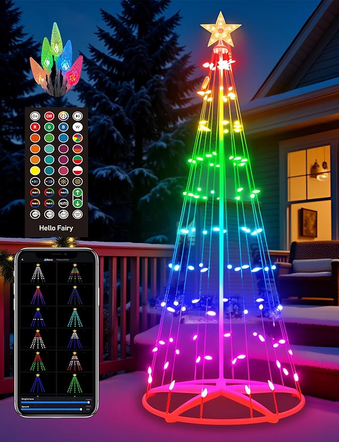 7ft Smart RGB Outside Christmas Tree Lights App Remote-Controlled C6 Shaped Christmas Light Cone Tree with Music Sync 57 Lighting Effects + DIY Mode Easy install Outdoor Xmas New Year Yard Decor