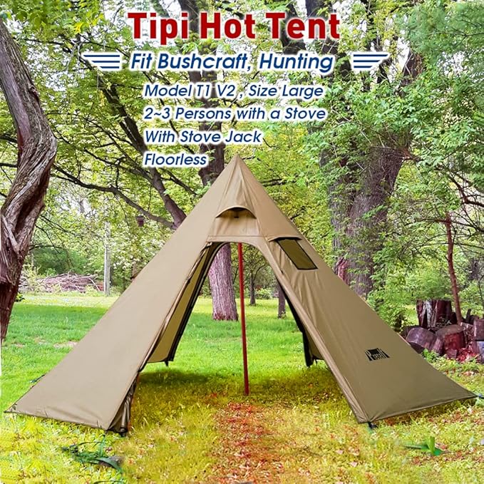 PRESELF 2-3 Person Tipi Hot Tent Version2 with Stove Jack for Hunting Bushcraft Lightweight Standing Room Teepee Backpacking Camping Hiking