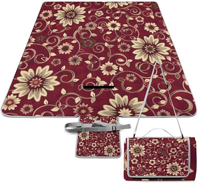 Flower Maroon Gold Floral Classy Burgundy Antique Waterproof Outdoor Picnic Blanket Sandproof Beach Mat for Camping Hiking Grass Travelling