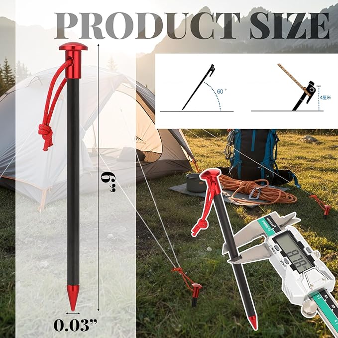 6 Pack Carbon Core Tent Stakes 6 Inch Ultralight Carbon Camping Stakes with Aluminum Shell Tent Pegs with Nylon Cord for Backpacking Hiking