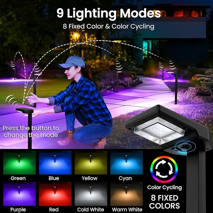 Solar Pathway Lights Outdoor Smart Color Changing with 9-in-1 (Warm White/Cool White/RGBCW) ModesBright Landscape Lighting Waterproof for WalkwayGardenDrivewayYardPatio(4pack)