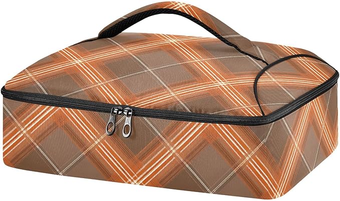 Casserole Carrier Brown Orange Tartan Insulated Casserole Carrier for Hot or Cold Food Thermal Lunch Tote for Parties Picnic Travel Carry Bag