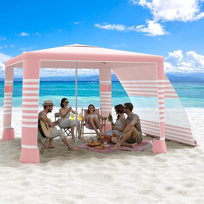 MoKo Beach Cabana 8'×8' Large Beach Canopy with Side Wall UPF 50+ Protection Easy Setup Beach Tent Sun Shelter Adjustable Height Wind Resistant Cabana Beach Tent for Whole Family Pink Stripe