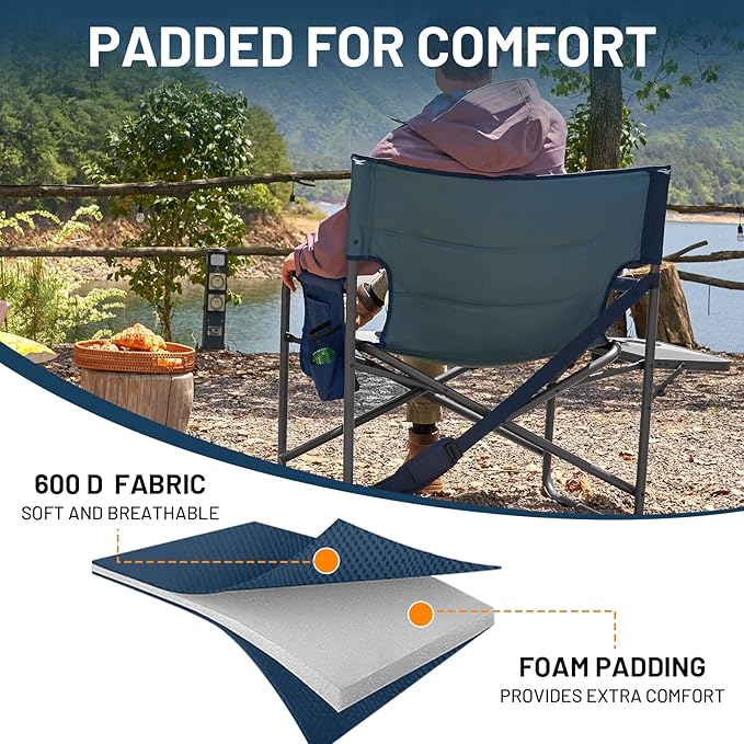 Timber Ridge XXL Extra Wide Foldable Directors Chair with Side Table 500 lbs Heavy Duty Camping Chairs for Adults Oversized Folding Lawn Chair for Lawn Beach Sports Outdoor Blue