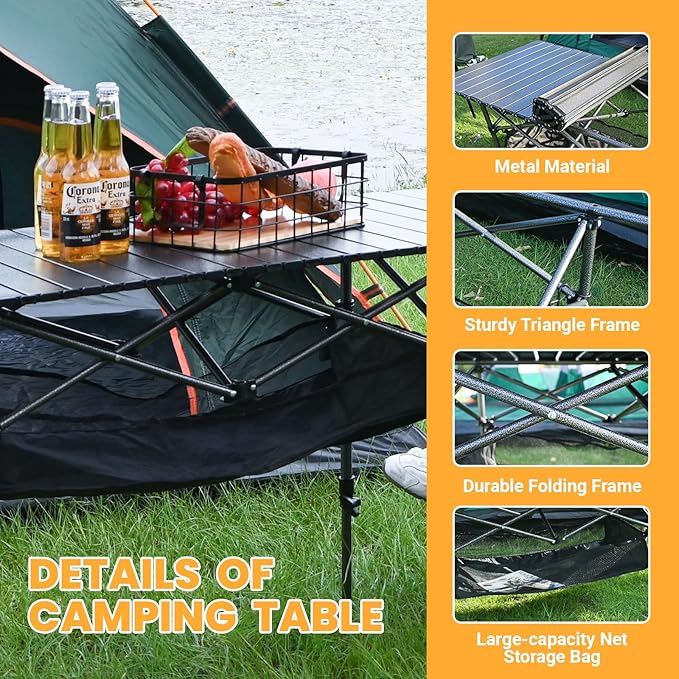 KINGROCK Camping Table Foldable Height Adjustable Aluminum Roll Up Table with Easy Carry Bag for Outdoor Camping Backyard BBQ Beach and Picnic (Black)