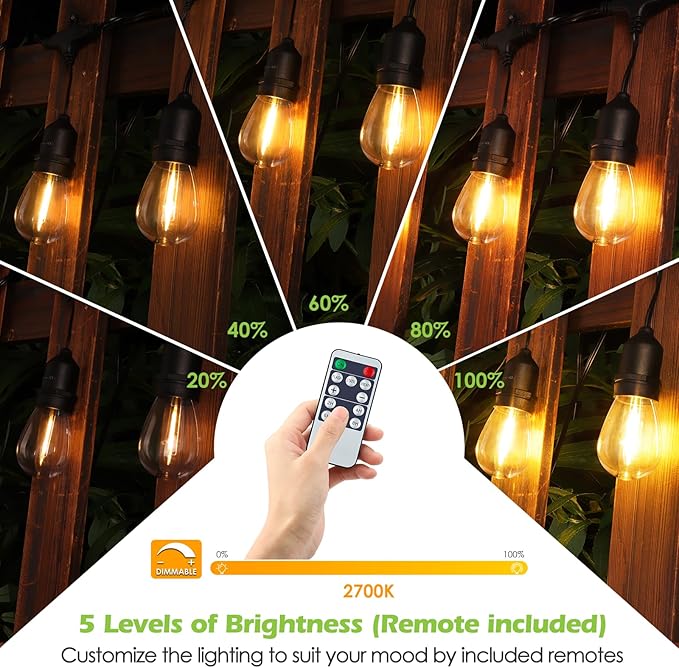 96FT(2 * 48FT) Outdoor String Lights with Remote Dimmable Patio Lights with 30+4 Bulbs 3 Modes 4 Level Timers for Balcony Porch Black 2 Pack