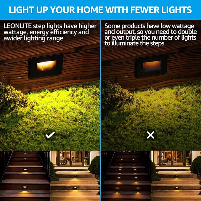 LEONLITE 12-Pack Black 5CCT 120V LED Step Lights 150LM 5%-100% Dimmable Stair Lights Indoor Outdoor Wet Location CRI90+ &amp ETL 2700K/3000K/3500K/4000K/5000K Aluminum Staircase Lights