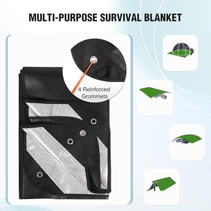 RedSwing 4 Pack Emergency Blankets Waterproof Survival Thermal Tarp Multipurpose Reflective Insulated All Weather Blankets for Camping Hiking Black