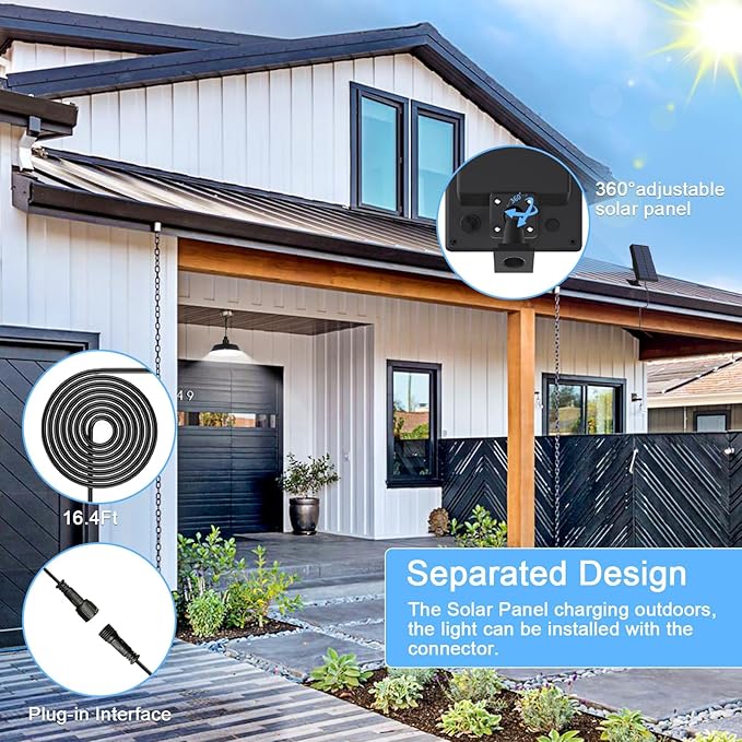 Solar Pendant Lights Outdoor Solar Shed Light with 360° Adjustable Panel Dimmable Lighting with Remote Control 16.4ft Cable IP65 Waterproof for Patio Garage Camp Chicken Coop Barn