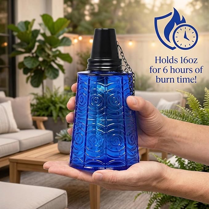 Seraphic Citronella Table Top Torches for Outdoor Patio 16oz Decorative Glass Torch Citronella Candles for Outside Deck Garden Parties Set of 3 Cobalt Blue