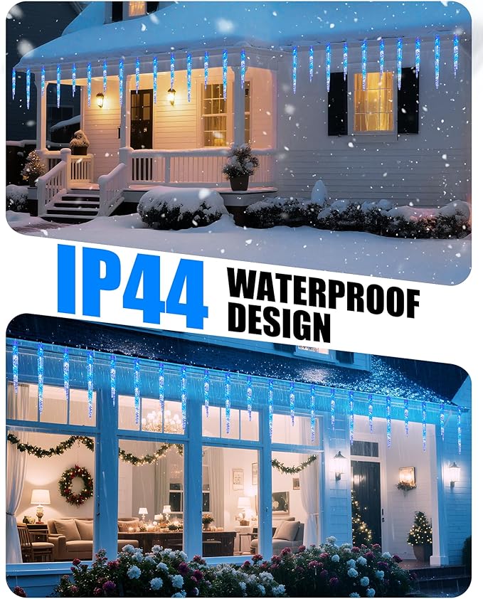 Minetom Icicle Lights Outdoor with Clips 2 Pack Total 40ft 200 LED 40 Tubes Twinkling Connectable Hanging Ice Shape Christmas String Lights Plug in for Eave Holiday Outdoor Blue and White
