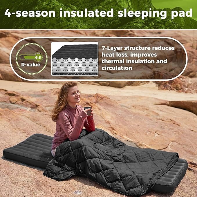 ATEPA ThermAir Pro Backpacking Inflatable Sleeping Pad 6.6 R-Value Insulated Ultralight Portable Camping Pad Thick Camping Mat for Camping Backpacking Tent Wide Long Size 78x27 Black