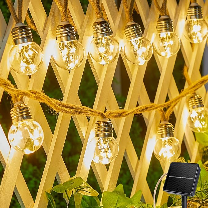 Brightown Solar String Lights Outdoor 30Ft Vintage Hemp Rope Solar Patio Lights with 15 Shatterproof Bulbs 8 Light Modes Waterproof Hanging Lights for Backyard Fence Café Bistro Decor Warm White