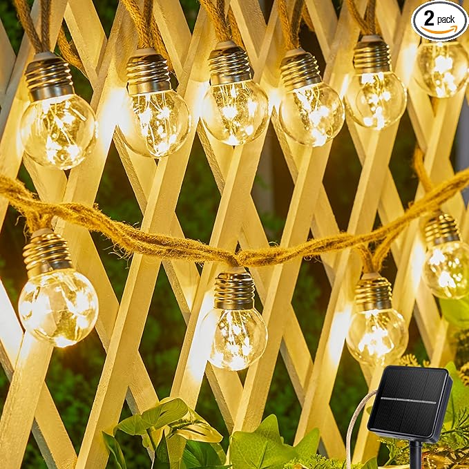 Brightown Solar String Lights Outdoor 2 Pack 30Ft Vintage Hemp Rope Patio Lights with 15 Shatterproof Bulbs 8 Light Modes Waterproof Hanging Lights for Backyard Fence Café Bistro Decor Warm White