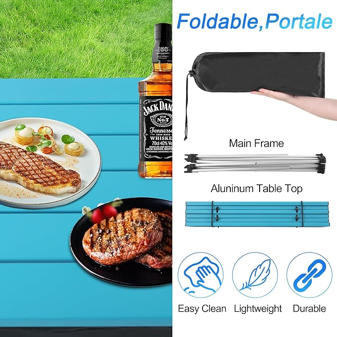 Grope Portable Camping Table Ultralight Aluminum Camp Table with Storage BagBeach Table for Sand with Carrying BagPrefect for OutdoorPicnicBBQCookingFestival (Blue with Storage Bag-S)