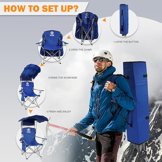 Elevon Camping Chair Oversized Folding Chair with Canopy Portable Outdoor Chair with Arms Cup Holder and Carry Bag for Camping Fishing Beach and Sports Sky Blue