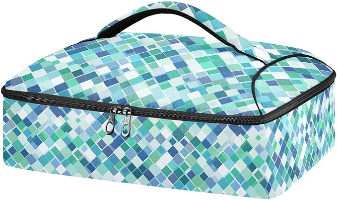 Casserole Carrier Emerald Green SquaresInsulated Casserole Carrier for Hot or Cold Food Thermal Lunch Tote for Potluck Parties Picnic Beach Fits 9 x 13 Inches Baking Dish