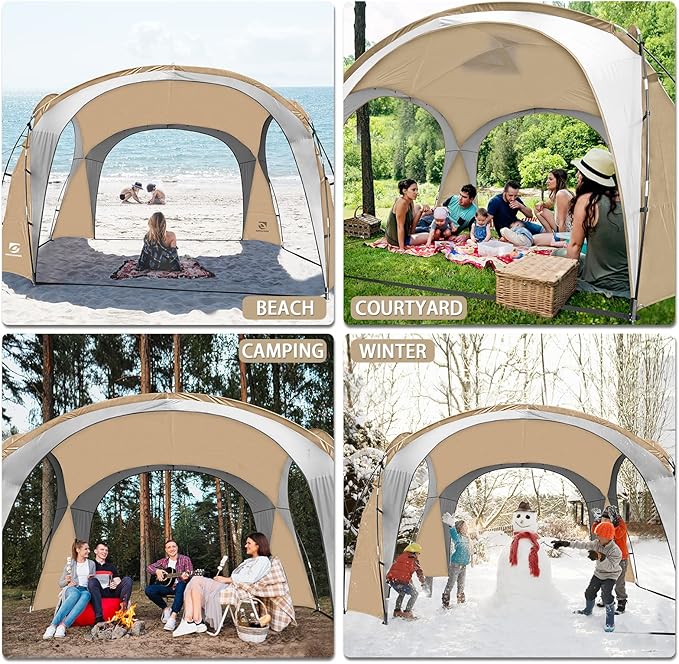 Beach Tent 12 X 12ft Large UPF50+ Pop Up Canopy with 2-Pcs Side Wall Sun Shelter Rainproof Waterproof for Camping Trips Backyard Fun Fishing Parties Or Picnics(Khaki-Upgrade)