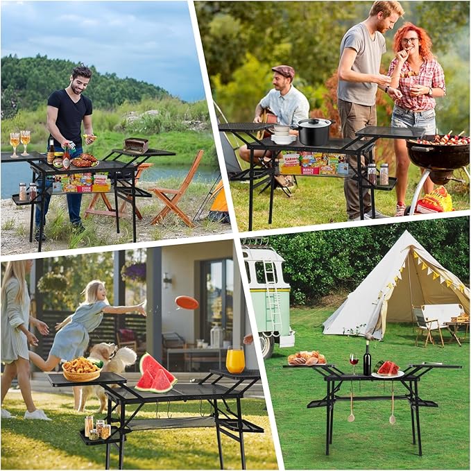 CDEN Camping Table Campact Table Folding Portable Tables Tailgate Tables with Side Table 4 Side Shelves mesh net for Camping Picnic BBQ