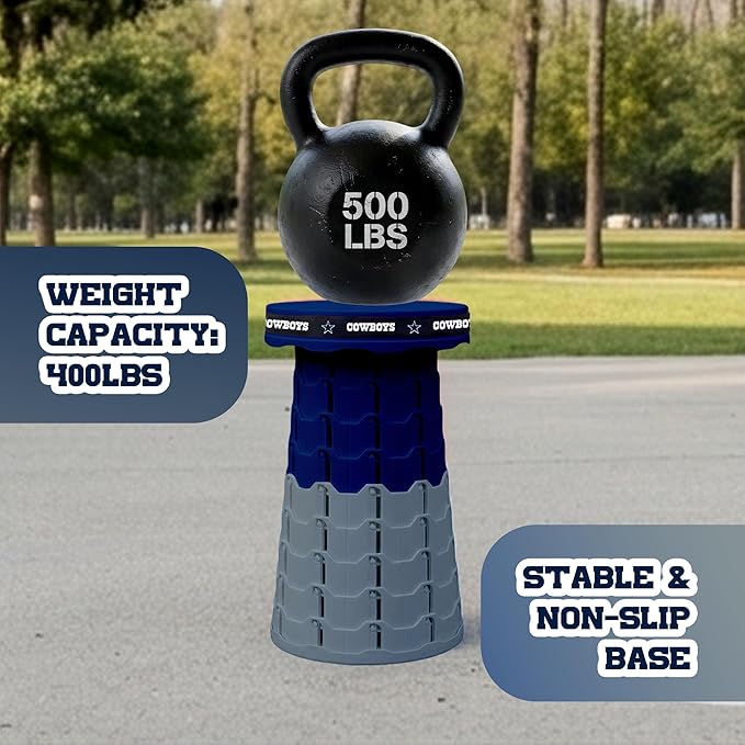 Sporticulture NFL Dallas Cowboys Telescoping Collapsible Stool 500lbs Max Weight Portable Adjustable Height Folding Camping Stool with Carry Strap Retractable Stadium Have A Seat Outdoor Sports Fan