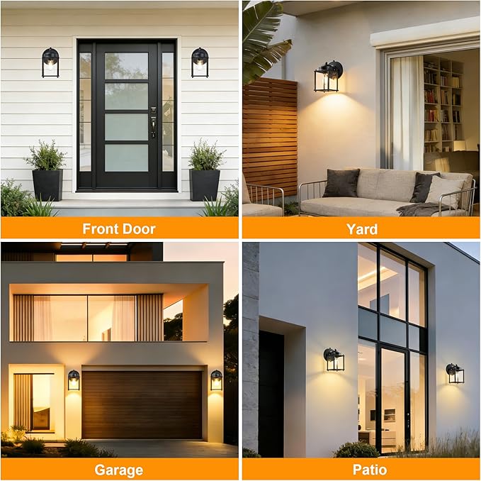 LIT-PaTH Dusk to Dawn Outdoor Wall Lantern Exterior Waterproof Wall Sconce Light Proch Lighting Fixture with E26 Socket Modern Outside Lights for Front Door Garage Patio Black 2 Pack