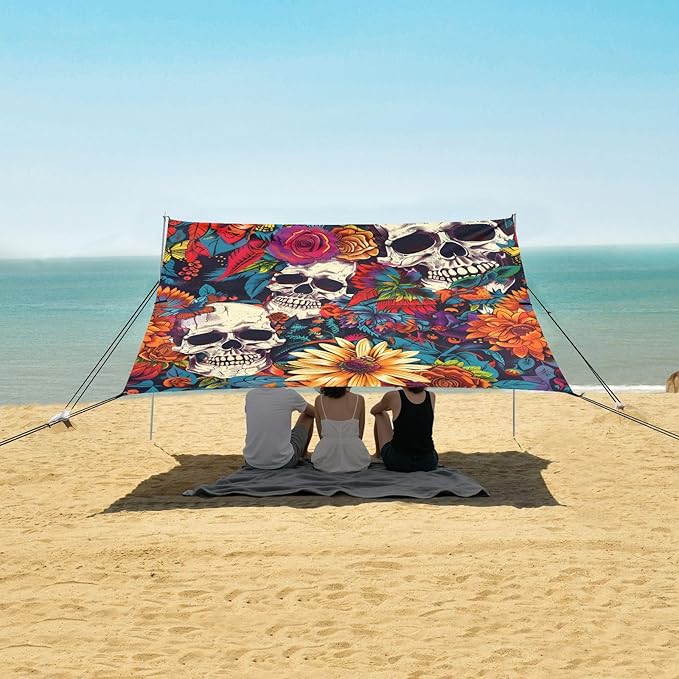 Beach Tent Sun Shelter Skull Bright Flowers Lightweight &amp Easy Setup Beach Shade Canopy for Camping Fishing
