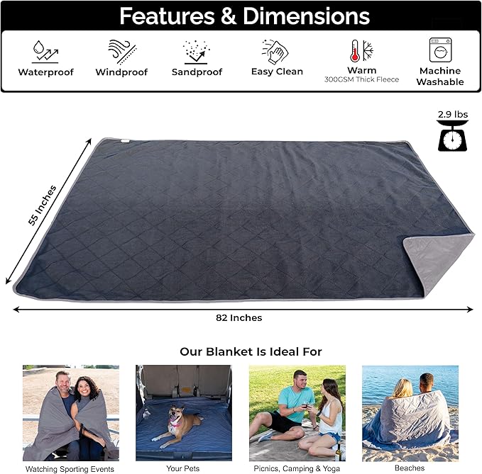 BRAWNTIDE Large Outdoor Waterproof Blanket - Extra Thick Fleece Warm Windproof Sandproof Quilted 82 x 55 Ideal for Beaches Picnics Camping Stadiums Dogs Car