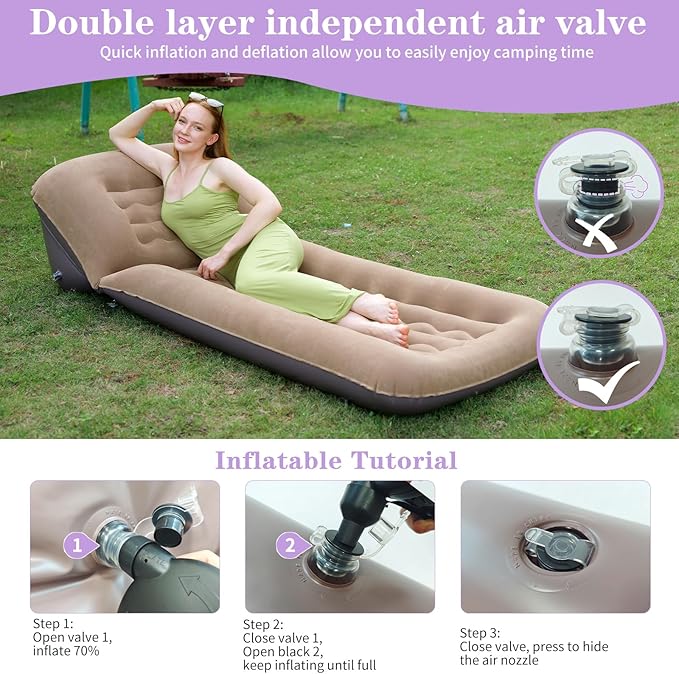 Inflatable Camping Air Mattress with Adjustable Backrest Flocking Portable Recliner Air Sofa Bed Blow-Up Sleeping Pad Sofa for Outdoor Hiking Beach Tent Travel – Fast Inflation with Pump