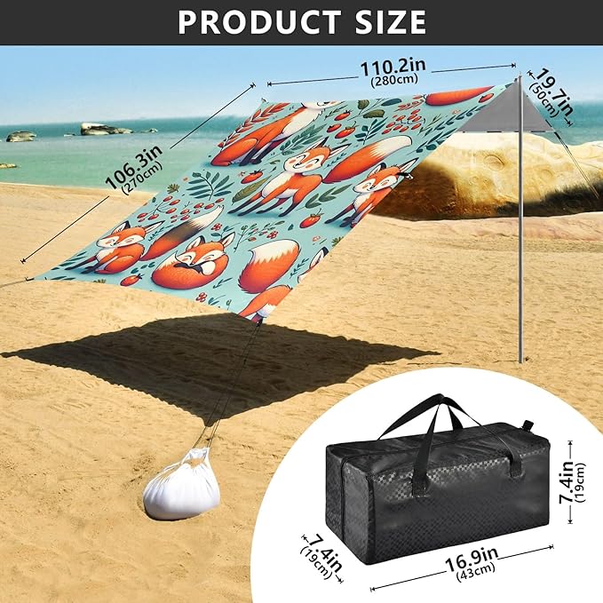 Funny Foxes Plants Camping Sun Shelter Beach Tent Portable Beach Sun Shade Outdoor Canopy for Camping Trips Fishing Picnic