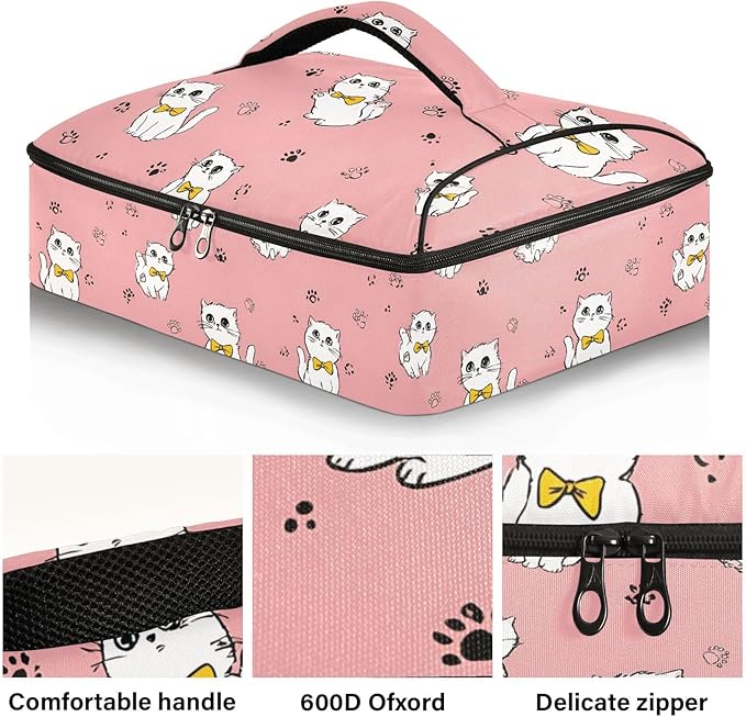 Casserole Carrier White KittensInsulated Casserole Carrier for Hot or Cold Food Thermal Lunch Tote for Potluck Parties Picnic Beach Fits 9 x 13 Inches Baking Dish