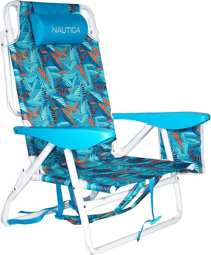 Nautica - Beach Chair Five Position Backpack Chair Portable &amp Adjustable with Padded Pillow and Cup Holders and Attached Insulated Cooler Bag (Fiji Beach)