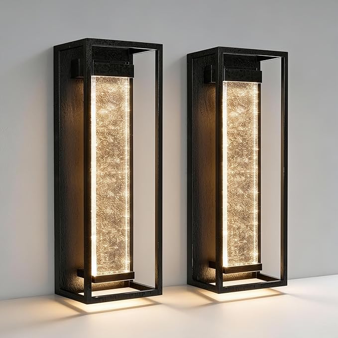 16 Inch Modern Outdoor Wall Sconce Matte Black Waterproof Exterior Wall Light with Metal Frame and Crystal Bubble Glass LED 3000K Warm White Lantern for Porch Garage Patio Lighting (2 Pack)